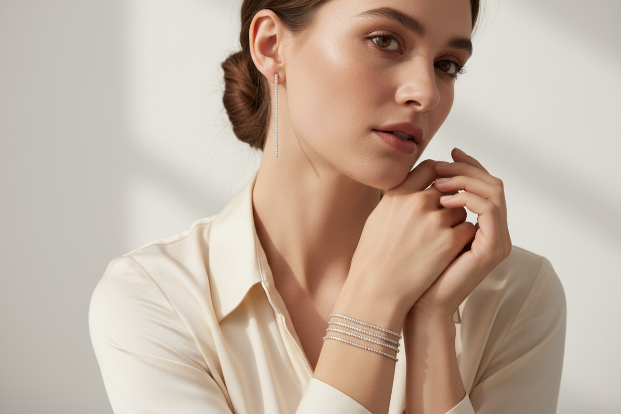 uma modelo usando prças de prata de forma sutil, brincos e pulseiras de riviera finas